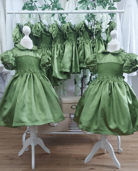 GREEN SATIN LUX SMOCK DRESS Sloane and Faith GREEN SATIN LUX SMOCK DRESS Sloane and Faith