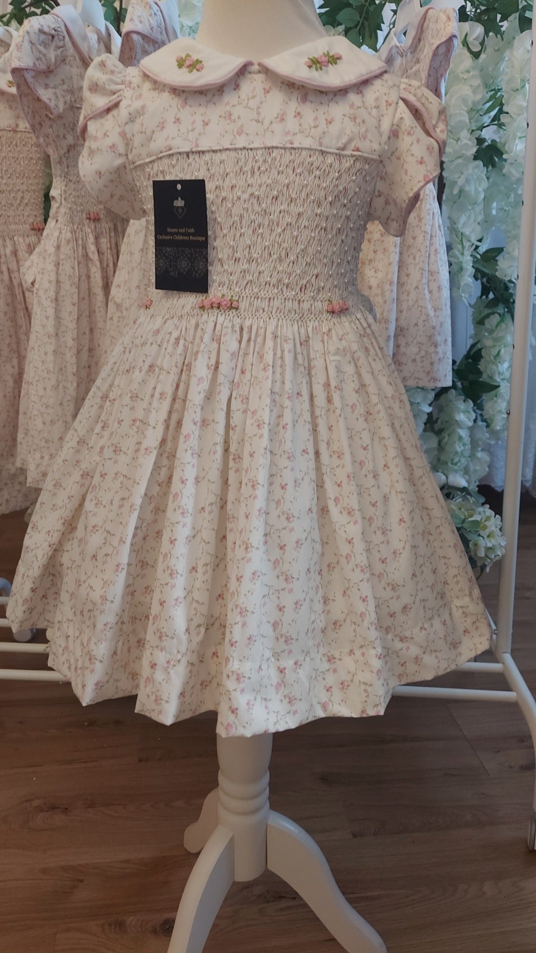 Pink Forget Me Knot Deep Smocked Dress with Pearl Chest