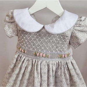 GREY FRENCH PRINT SMOCKED DRESS